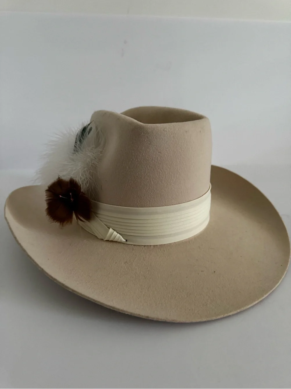Cream‎ Wide-Brim Fedora Hat with Feather Accent